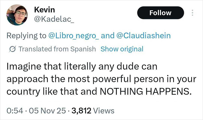 Tweet screenshot showing a comment on how any man can kiss and fondle the Mexican president without consequences.