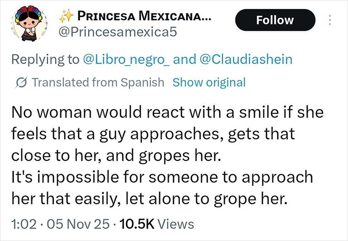 Tweet discussing the reality for a lot of women about men kissing and fondling the Mexican president while she's speaking.