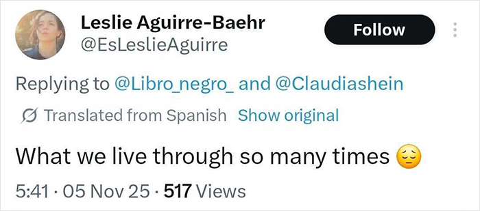 Tweet by Leslie Aguirre-Baehr reflecting on the reality for a lot of women with a sad emoji.