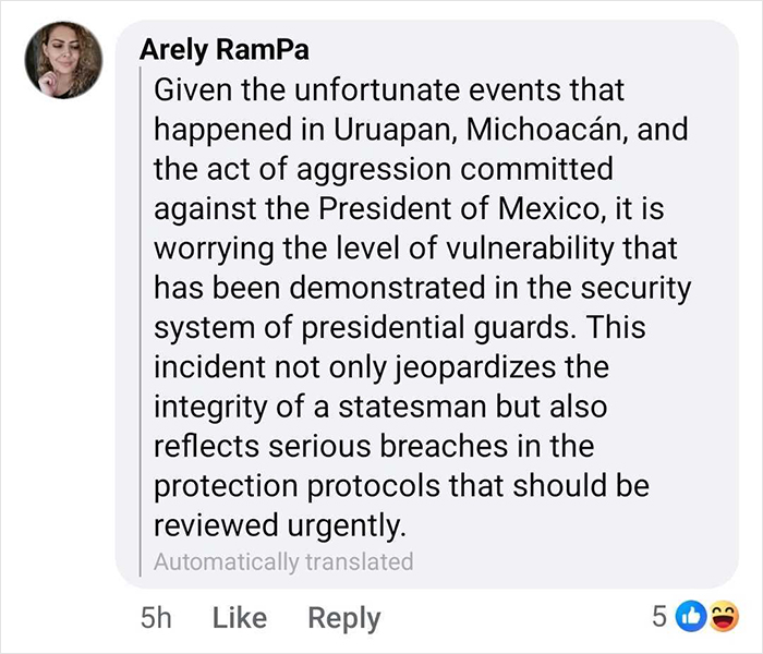 Comment discussing security breach and vulnerability involving Mexican president amid aggression in Uruapan, Michoac&aacute;n incident.
