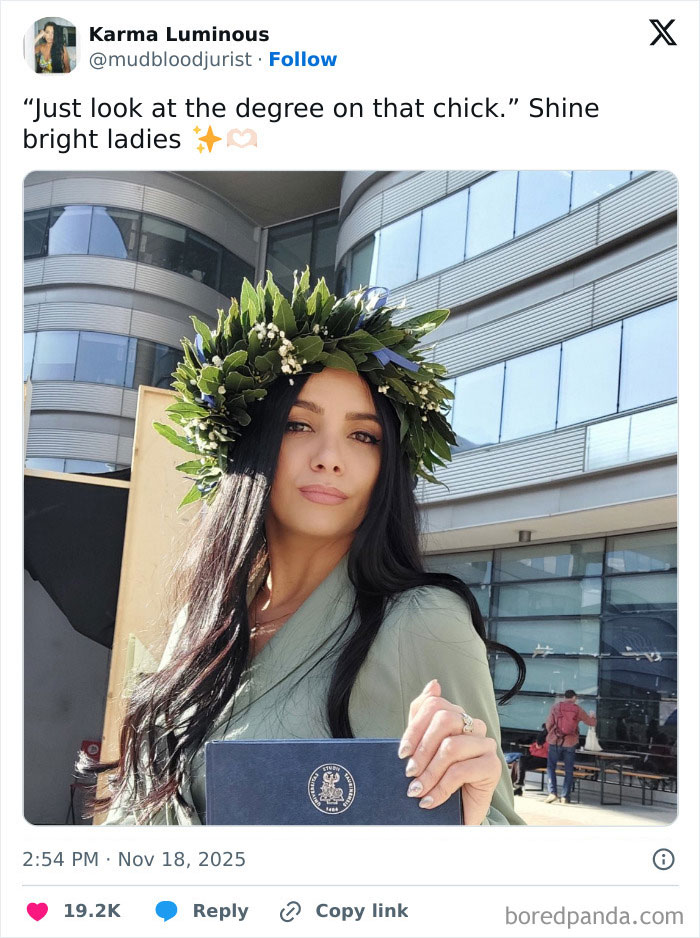 Woman wearing laurel wreath holding her PhD diploma celebrating women’s success after internet roasts man’s bash Woman wearing laurel wreath holding her PhD diploma celebrating women’s success after internet roasts man’s bash