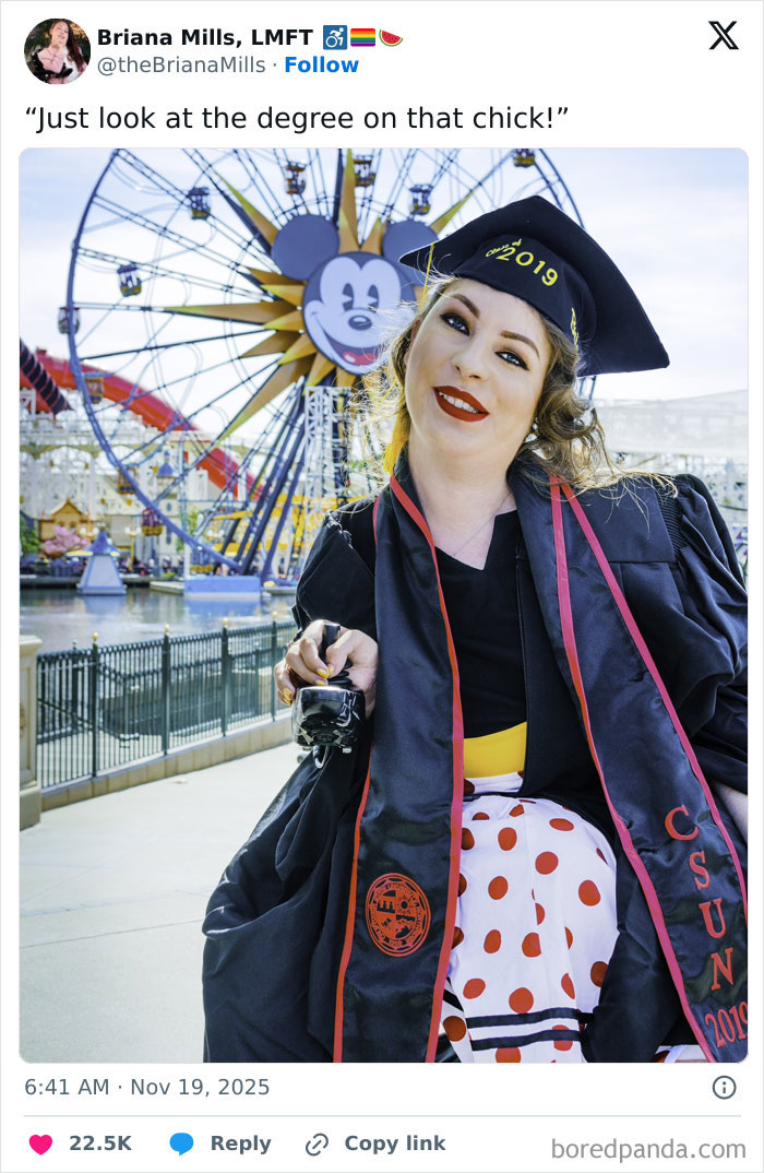 Woman in graduation cap and gown celebrating her PhD success with a colorful amusement park Ferris wheel in background. Woman in graduation cap and gown celebrating her PhD success with a colorful amusement park Ferris wheel in background.