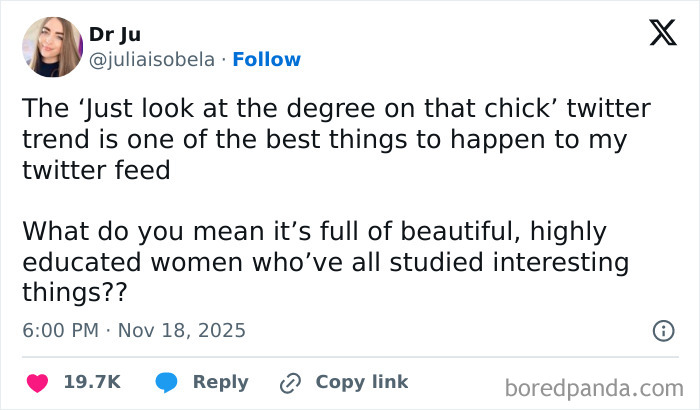 Tweet by Dr Ju celebrating women’s success and highlighting internet roasting a man bashing women’s PhD achievements. Tweet by Dr Ju celebrating women’s success and highlighting internet roasting a man bashing women’s PhD achievements.