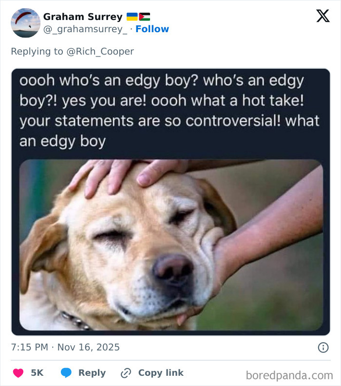 Screenshot of a social media post mocking a man’s edgy comments, highlighting internet roasting and women’s success celebration. Screenshot of a social media post mocking a man’s edgy comments, highlighting internet roasting and women’s success celebration.