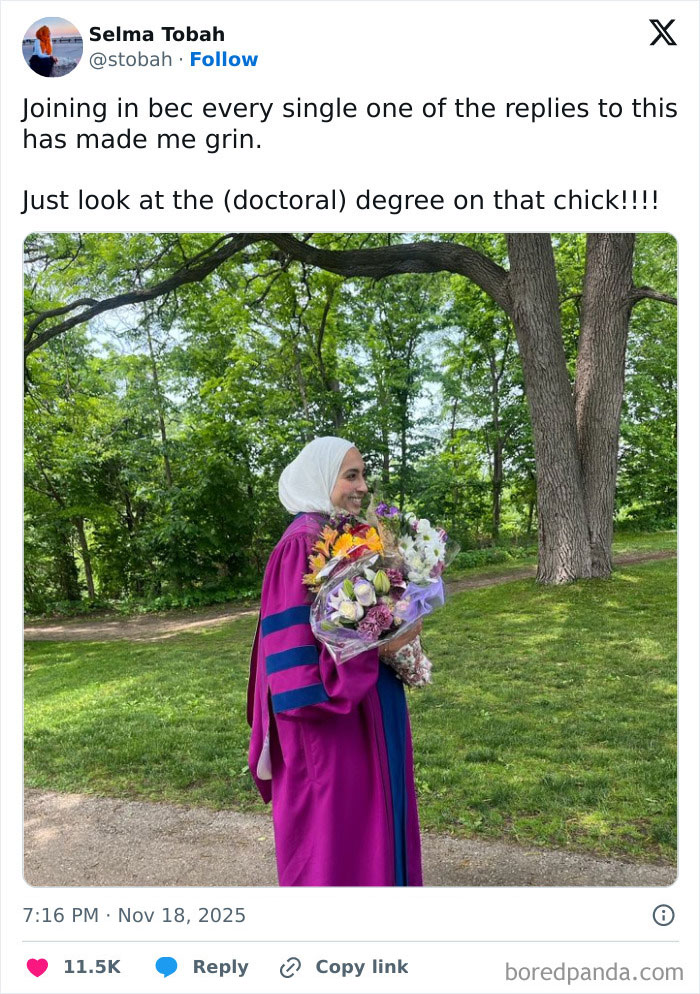 Woman in doctoral gown holding flowers outdoors, celebrating women's success despite man bashing her PhD on social media. Woman in doctoral gown holding flowers outdoors, celebrating women's success despite man bashing her PhD on social media.