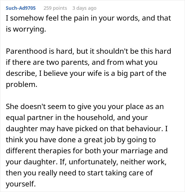 Comment discussing a man suffering a teen&rsquo;s rude attitude for years and considering family issues and therapy options.