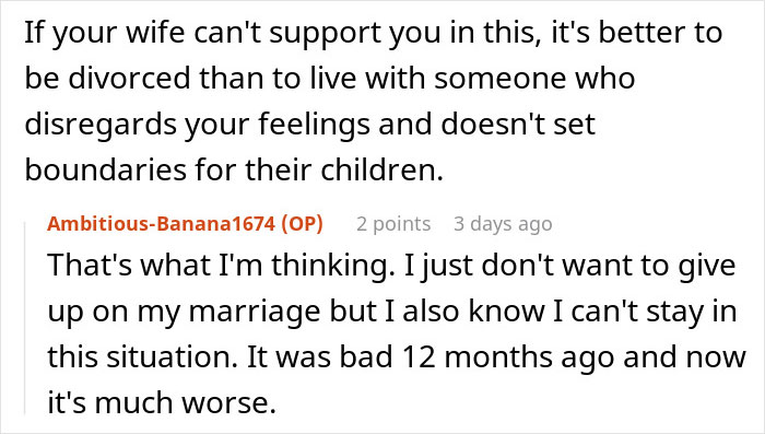 Screenshot of a Reddit comment discussing enduring a teen&rsquo;s rude attitude and considering leaving family due to worsening marriage issues.