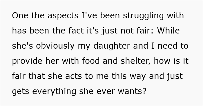 Text showing a man expressing frustration over his teen daughter&rsquo;s rude attitude despite providing food and shelter.