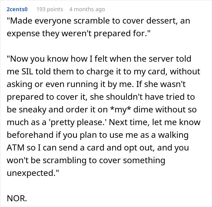 Screenshot of a Reddit conversation about a rich man refusing to pay for a cake his sister-in-law secretly ordered.