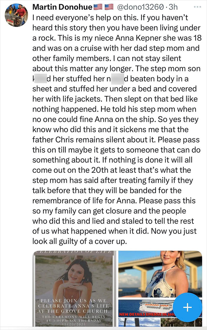 Tweet discussing stepsibling under investigation after teen's body found stuffed under bed on Carnival Cruise ship.