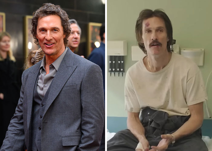 Actor Matthew McConaughey at an event and portraying a worn-down character showing dedication to extreme movie roles.