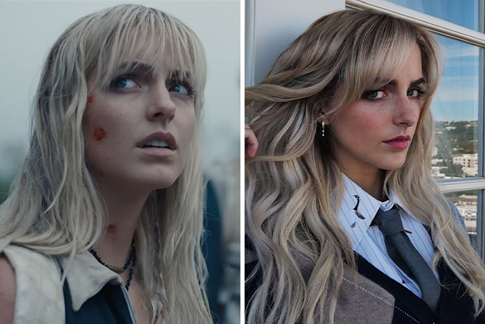 Side-by-side comparison of iconic Hunger Games characters and actors in the new film with blond hair and intense expressions.