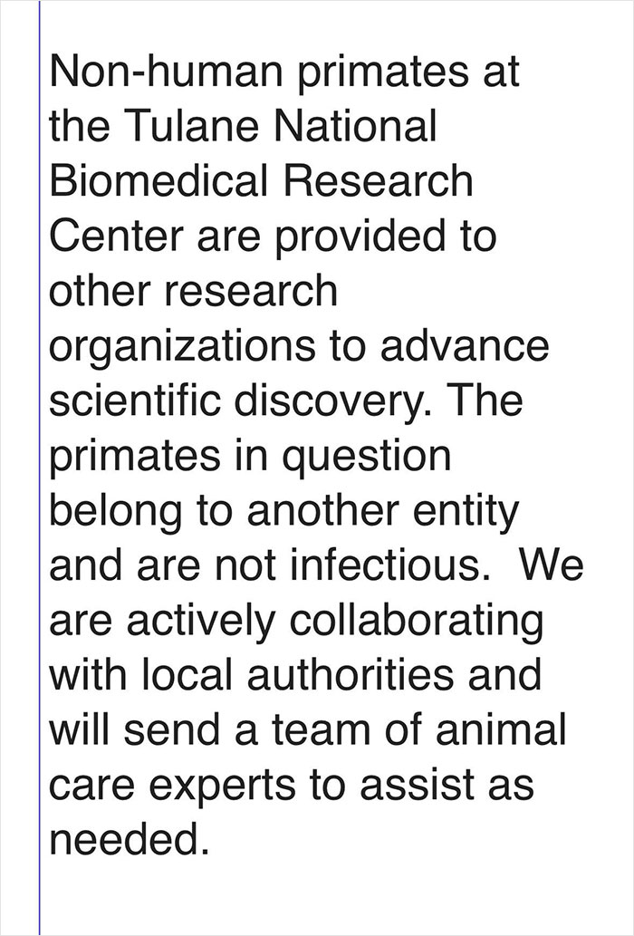 Statement from Tulane National Biomedical Research Center about non-human primates used in scientific discovery and animal care.