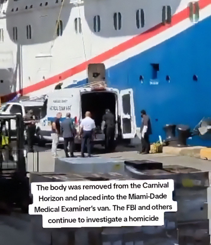 Medical examiners van at cruise ship with investigators removing body linked to stepbrother obsessed with slain teen m****r case.