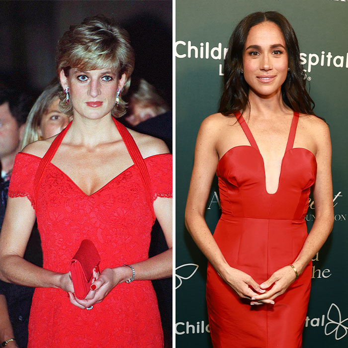 Side-by-side images of Meghan Markle and Princess Diana both wearing red dresses, highlighting recreation controversy. Side-by-side images of Meghan Markle and Princess Diana both wearing red dresses, highlighting recreation controversy.