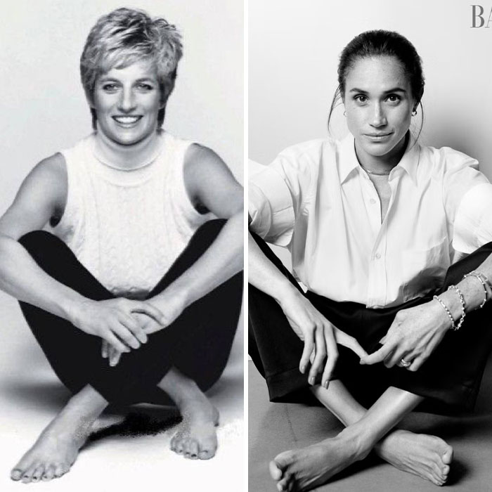 Side-by-side black and white photos of Princess Diana and Meghan Markle sitting barefoot with crossed legs and hands clasped. Side-by-side black and white photos of Princess Diana and Meghan Markle sitting barefoot with crossed legs and hands clasped.
