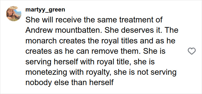 Social media comment discussing Meghan Markle's Harper&rsquo;s Bazaar moment and royal titles controversy.