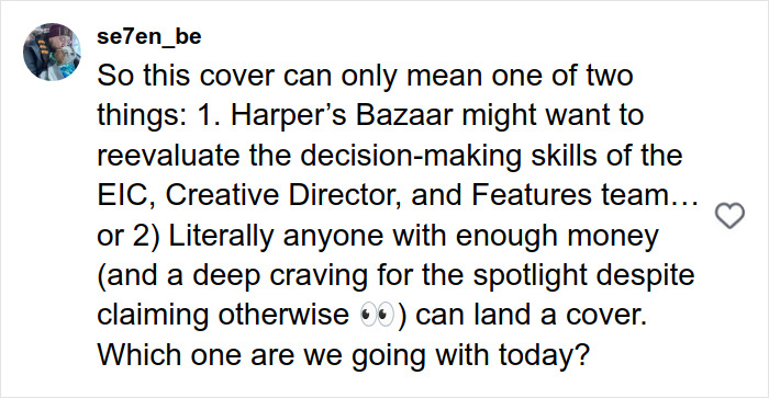 User comment criticizing Harper&rsquo;s Bazaar&rsquo;s decision to feature Meghan Markle, sparking online reactions.