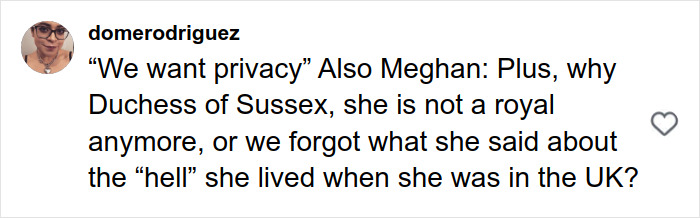 User comment discussing Meghan Markle&rsquo;s privacy and royal status in a social media post about her Harper&rsquo;s Bazaar moment.