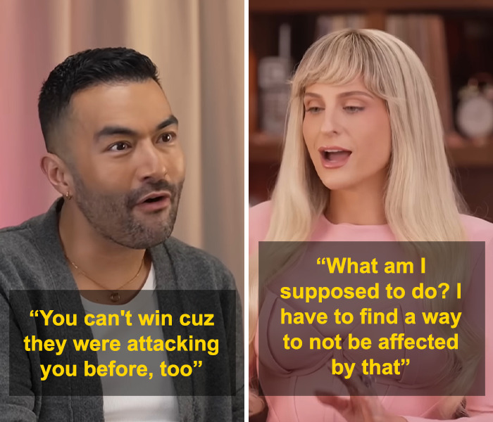 A man and a woman discussing stretch marks on your skin and responding to criticism during an interview.