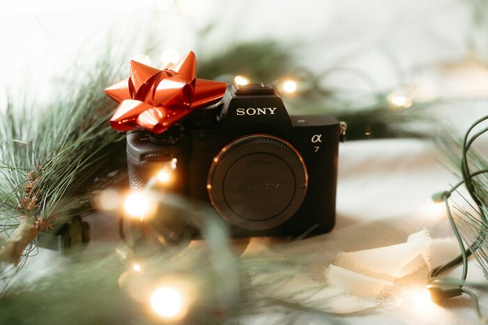 Sony Alpha camera with a red bow surrounded by Christmas lights, illustrating issues with watermark removal on holiday photos. Sony Alpha camera with a red bow surrounded by Christmas lights, illustrating issues with watermark removal on holiday photos.