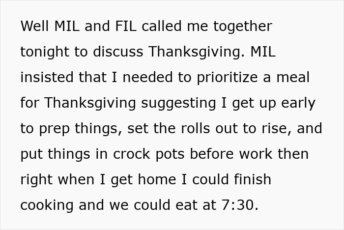 Text about MIL and FIL discussing Thanksgiving dinner prep and cooking after a long shift for mil-expects-thanksgiving-dinner. Text about MIL and FIL discussing Thanksgiving dinner prep and cooking after a long shift for mil-expects-thanksgiving-dinner.