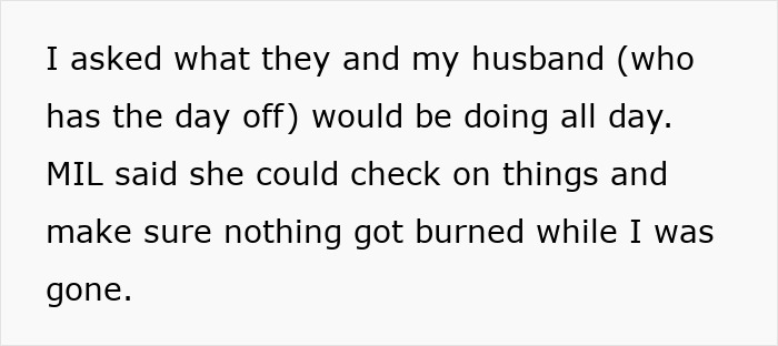 Text excerpt about mil expecting Thanksgiving dinner after a 12-hour shift, discussing household plans and care. Text excerpt about mil expecting Thanksgiving dinner after a 12-hour shift, discussing household plans and care.
