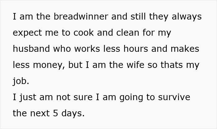 Text expressing frustration about being the breadwinner expected to prepare Thanksgiving dinner after a 12-hour shift. Text expressing frustration about being the breadwinner expected to prepare Thanksgiving dinner after a 12-hour shift.