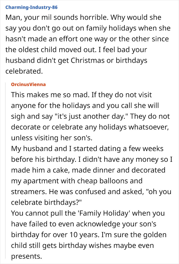 Screenshot of a discussion about a mil expecting Thanksgiving dinner after a 12-hour shift and family holiday issues. Screenshot of a discussion about a mil expecting Thanksgiving dinner after a 12-hour shift and family holiday issues.