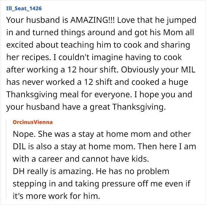 Comments from mil-expects-thanksgiving-dinner-after-12-hour-shift discussing cooking help and appreciation after a long workday. Comments from mil-expects-thanksgiving-dinner-after-12-hour-shift discussing cooking help and appreciation after a long workday.