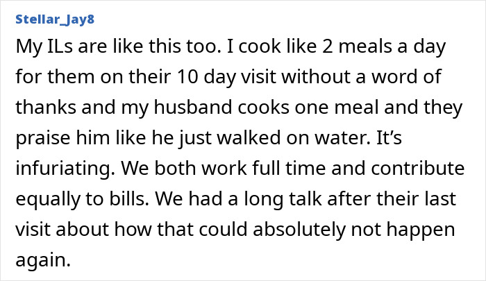 Comment about cooking meals during visits expressing frustration, related to mil expects Thanksgiving dinner after 12-hour shift. Comment about cooking meals during visits expressing frustration, related to mil expects Thanksgiving dinner after 12-hour shift.