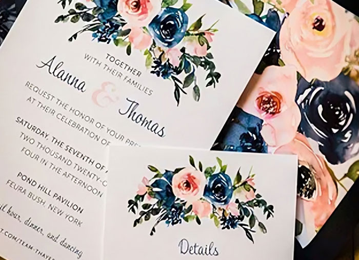 Wedding invitations with floral designs, highlighting secret wedding invites and bride's shock over family image protection.