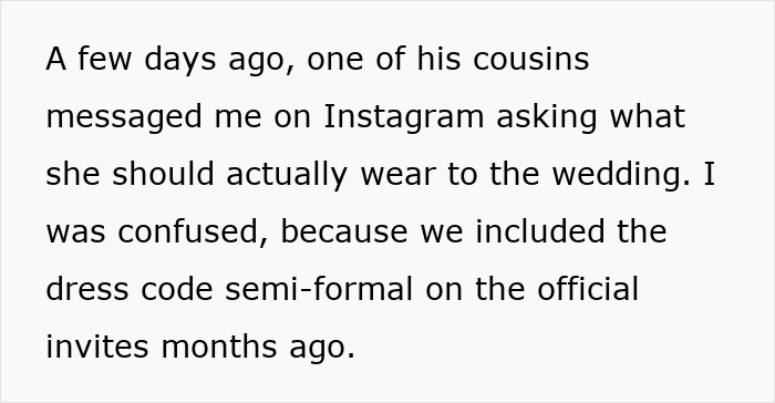 Text excerpt about confusion over wedding dress code due to secret wedding invites sent by mother-in-law to protect family image.