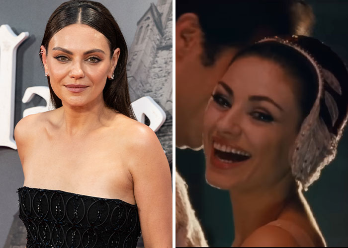Actress Mila Kunis in a strapless black dress and a film scene, showcasing actors who pushed themselves to the extreme for roles.