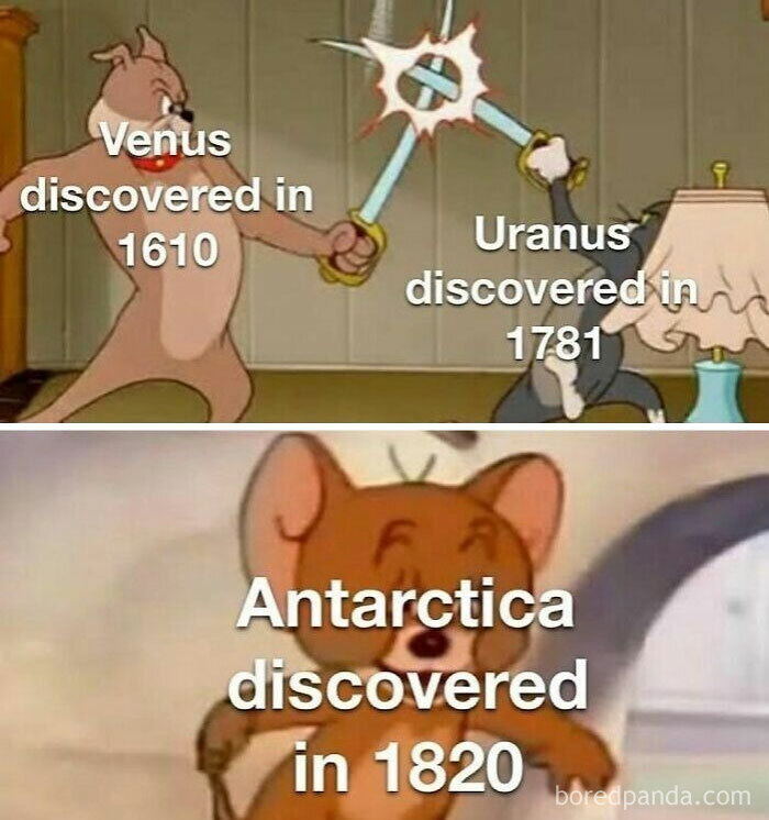 Tom and Jerry meme showing historical discoveries with funny text, part of hilarious history memes collection.