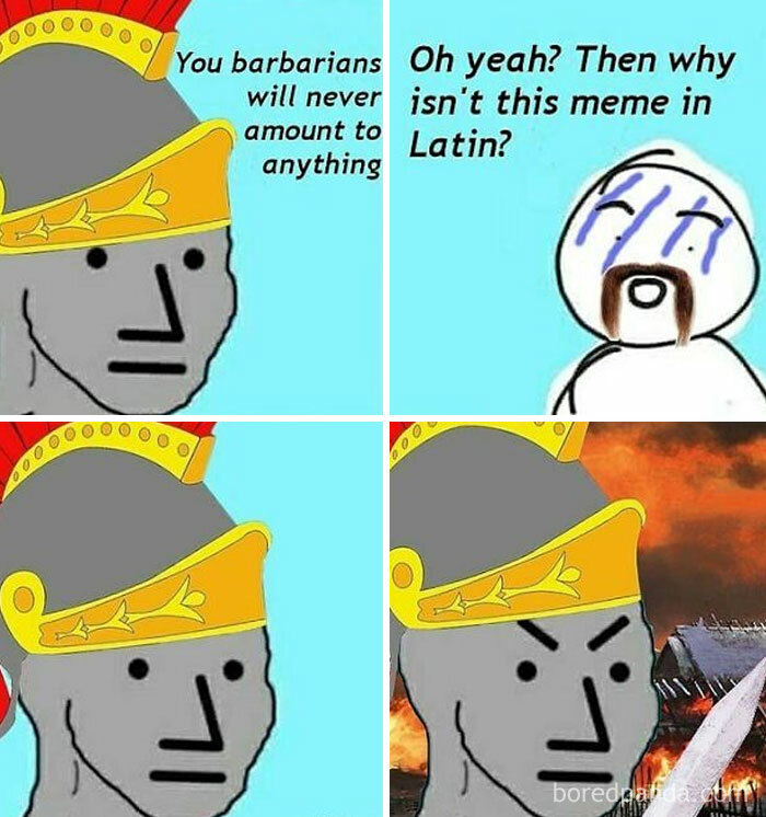 Roman soldier meme debating barbarians, featuring history memes humor with Latin language reference in a comic style format.