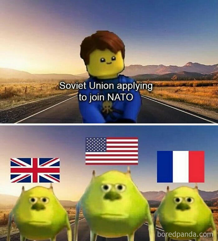 LEGO figure representing the Soviet Union applying to join NATO, with reaction faces of UK, USA, and France, history memes humor.