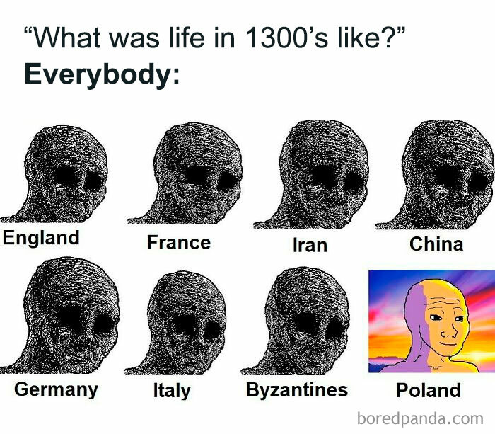 Blacked-out skull memes representing countries in the 1300s with a colorful Poland meme, illustrating funny history memes.