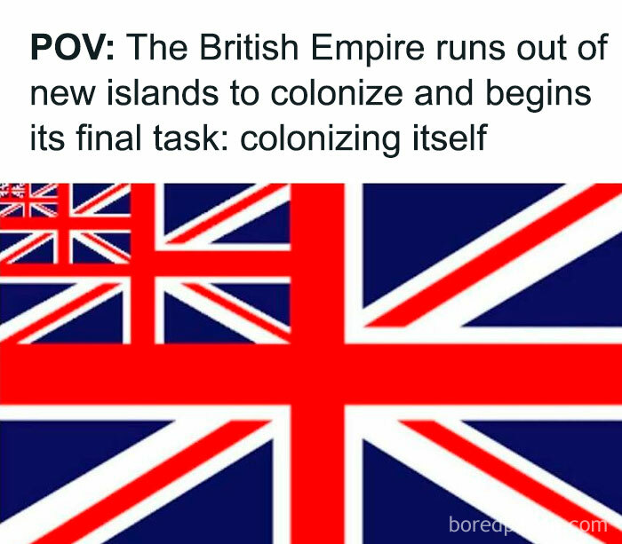 Hilarious history meme showing multiple nested British flags illustrating self-colonization joke.