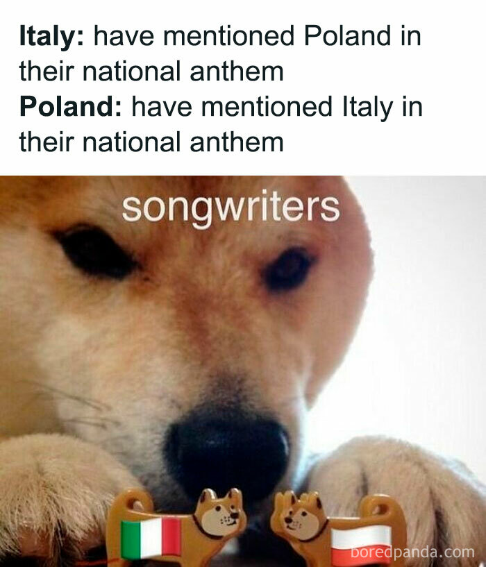 Humorous history meme showing a dog with Italian and Polish flag figurines as songwriters referencing national anthems.
