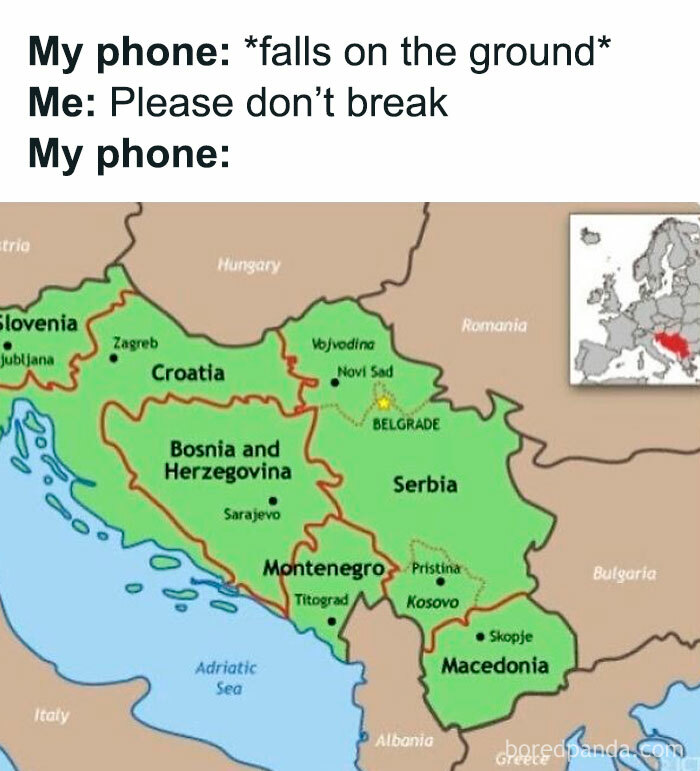Map meme showing countries of former Yugoslavia with humorous text about a broken phone, related to history memes.