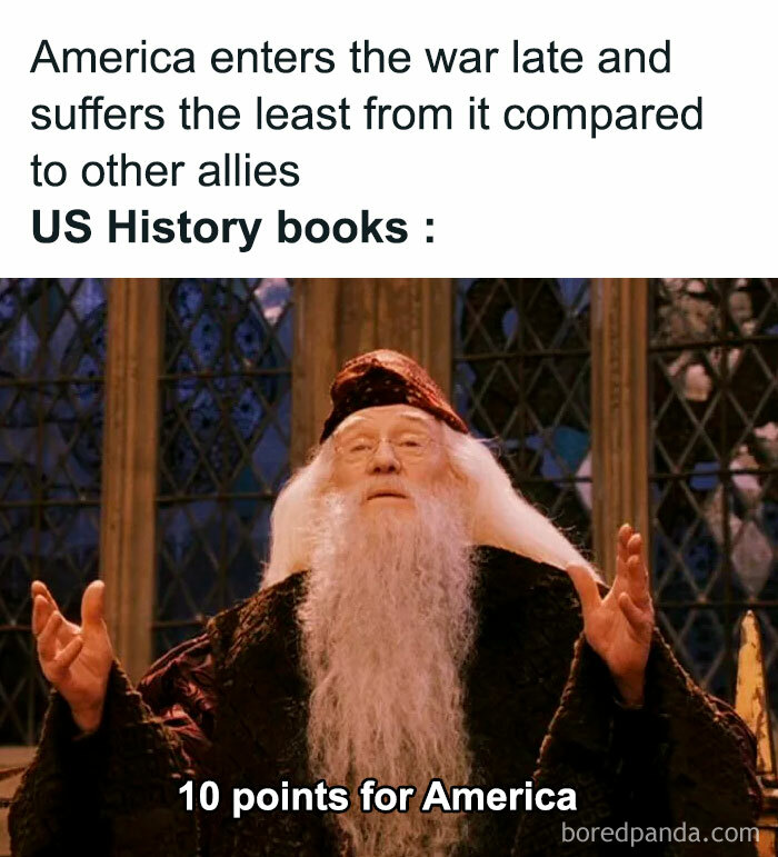 Scene from a movie with a wizard giving 10 points to America, humorously highlighting US history books in history memes.