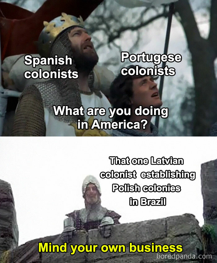 Medieval knights humorously labeled as colonists with a history meme about American colonization.