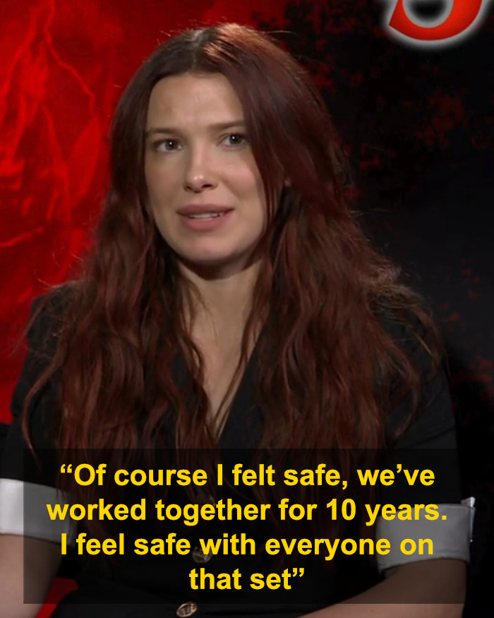 Actress responding about Stranger Things set safety, addressing rumors involving Millie Bobby Brown and David Harbour.