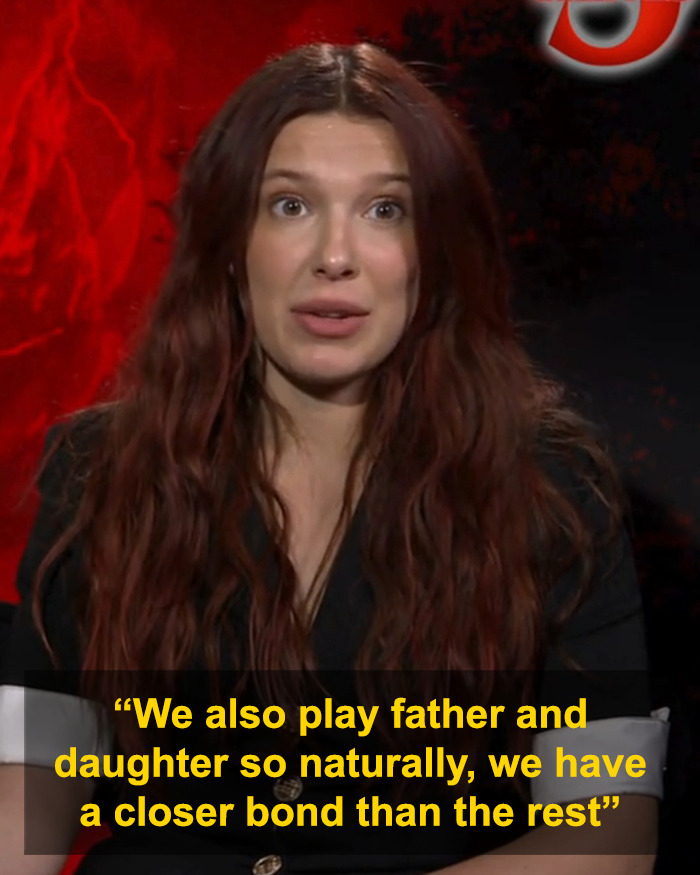 Millie Bobby Brown addressing rumors about David Harbour bullying her on Stranger Things set in an interview.