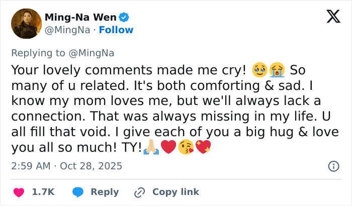 Tweet by actress Ming-Na Wen discussing emotional impact of her mom&rsquo;s insults and her journey in acting.