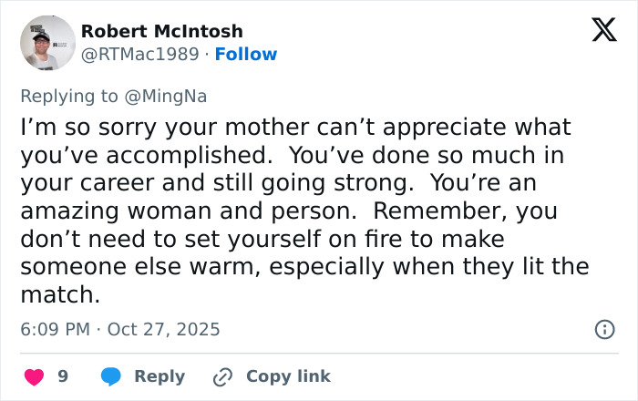 Tweet expressing support for actress Ming-Na Wen about her career and challenges with her mom&rsquo;s insults.