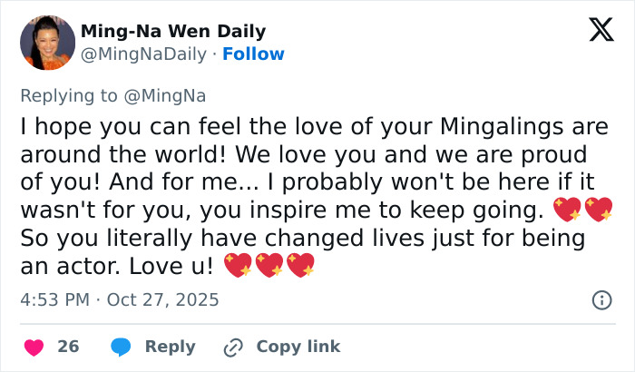 Tweet from Ming-Na Wen Daily expressing love and pride for actress Ming-Na Wen and her impact as an actor.