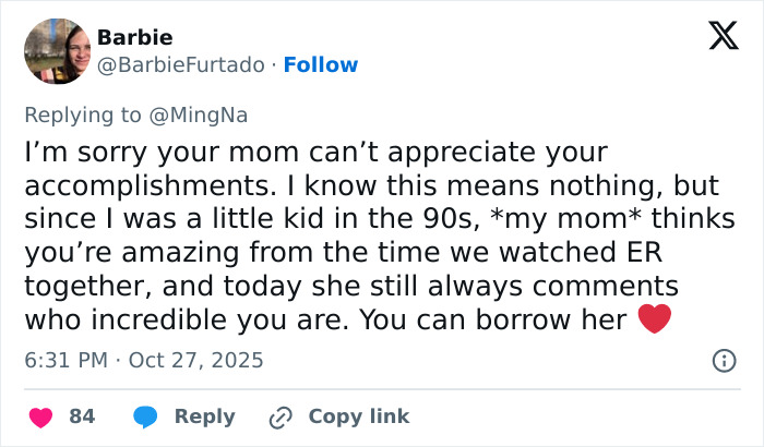 Tweet expressing support for actress Ming-Na Wen and recalling her impact since ER days despite family insults.