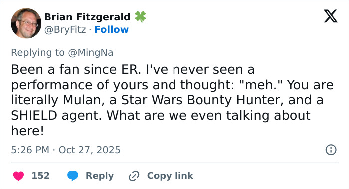 Twitter post praising actress Ming-Na Wen&rsquo;s acting career, highlighting roles in ER, Mulan, Star Wars, and SHIELD.